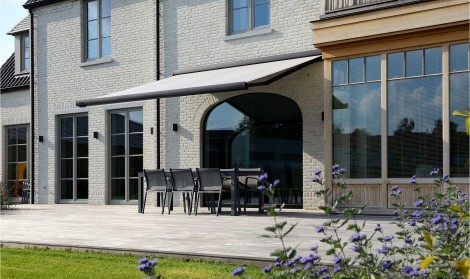 Brustor Awning installed on a patio in Dorset
