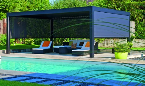 black aluminium pergola installed next to a swimming pool